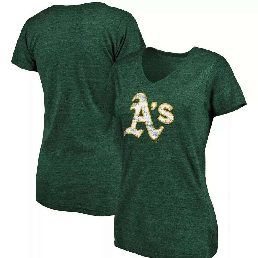 Tops * | Women'S Fanatics Branded Heathered Green Oakland Athletics Core Weathered Tri-Blend V-Neck T-Shirt