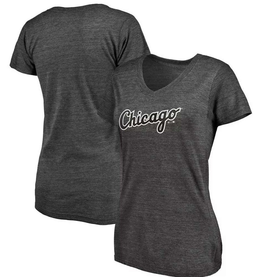 Tops * | Women'S Fanatics Branded Heathered Charcoal Chicago White Sox Wordmark Tri-Blend V-Neck T-Shirt