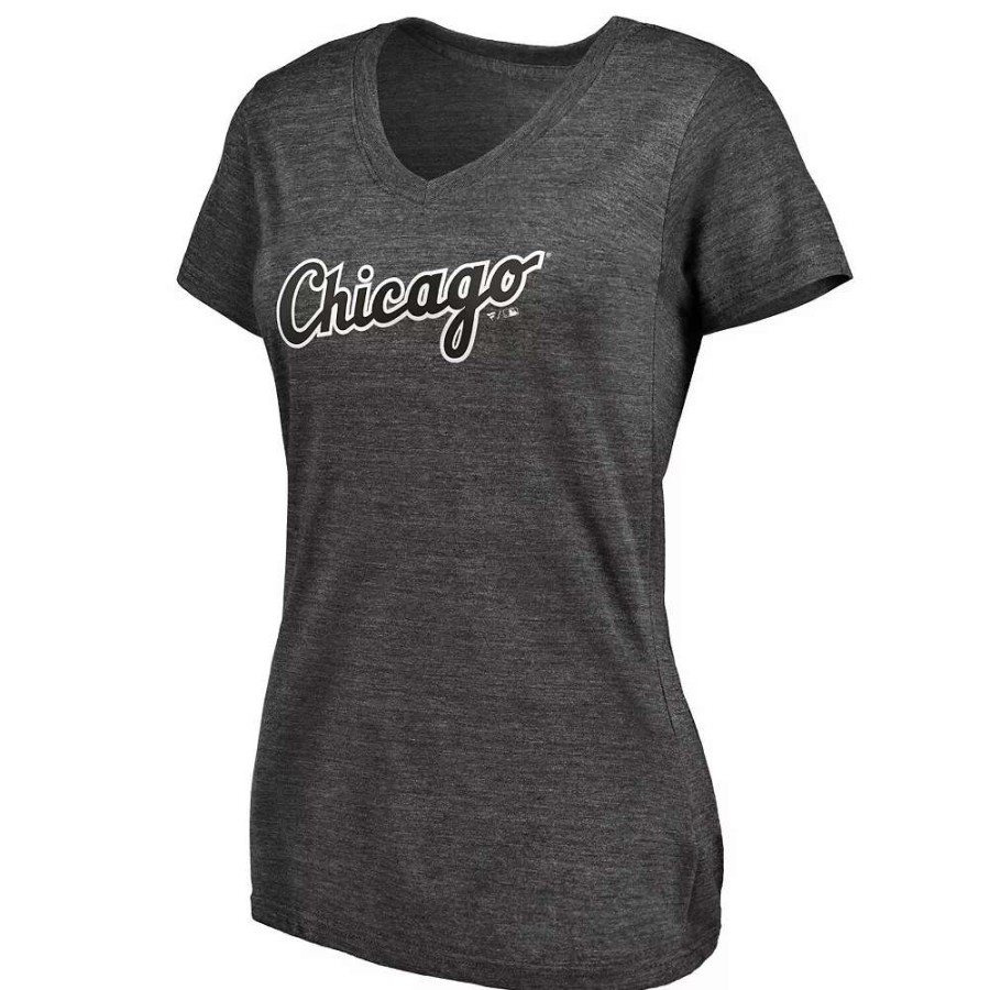 Tops * | Women'S Fanatics Branded Heathered Charcoal Chicago White Sox Wordmark Tri-Blend V-Neck T-Shirt