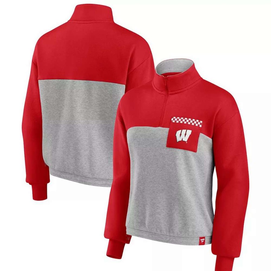 Outerwear * | Women'S Fanatics Branded Red/Heathered Gray Wisconsin Badgers Sideline To Sideline Colorblock Quarter-Zip Jacket