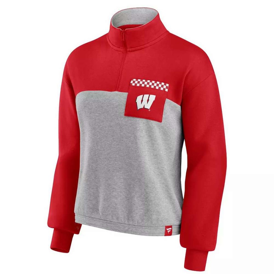 Outerwear * | Women'S Fanatics Branded Red/Heathered Gray Wisconsin Badgers Sideline To Sideline Colorblock Quarter-Zip Jacket