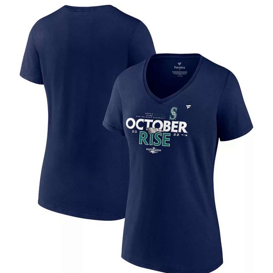 Tops * | Women'S Fanatics Branded Navy Seattle Mariners 2022 Postseason Locker Room V-Neck T-Shirt