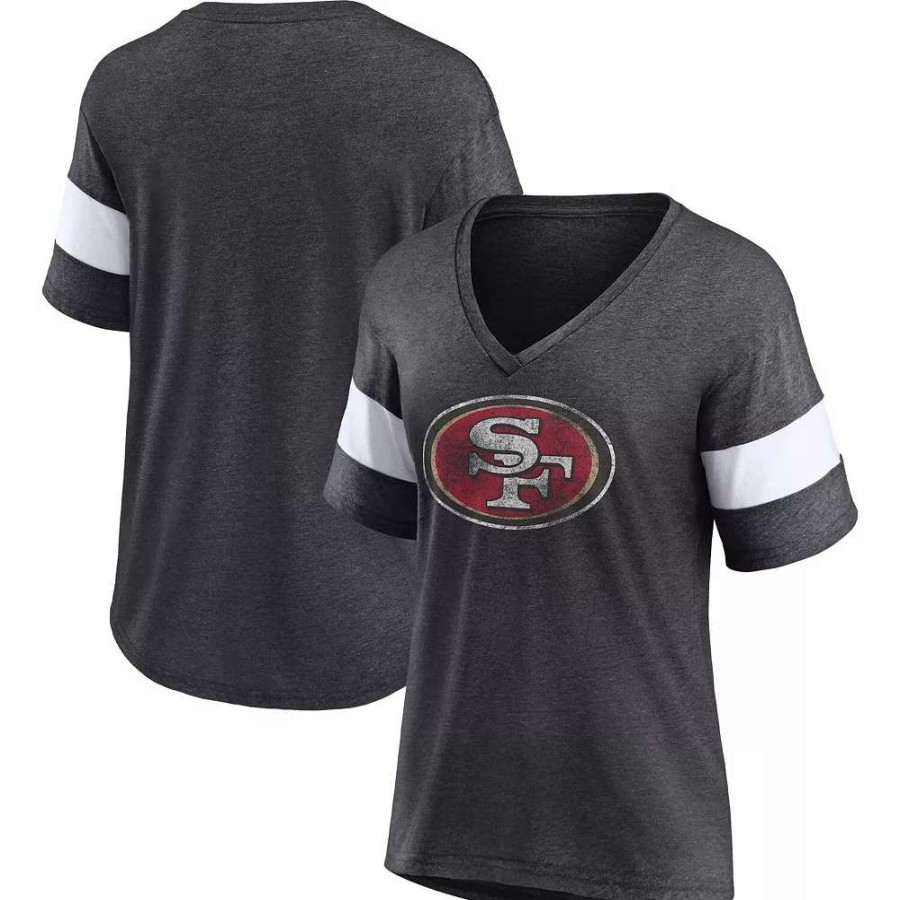 Tops * | Women'S Fanatics Branded Heathered Charcoal San Francisco 49Ers Distressed Team Tri-Blend V-Neck T-Shirt