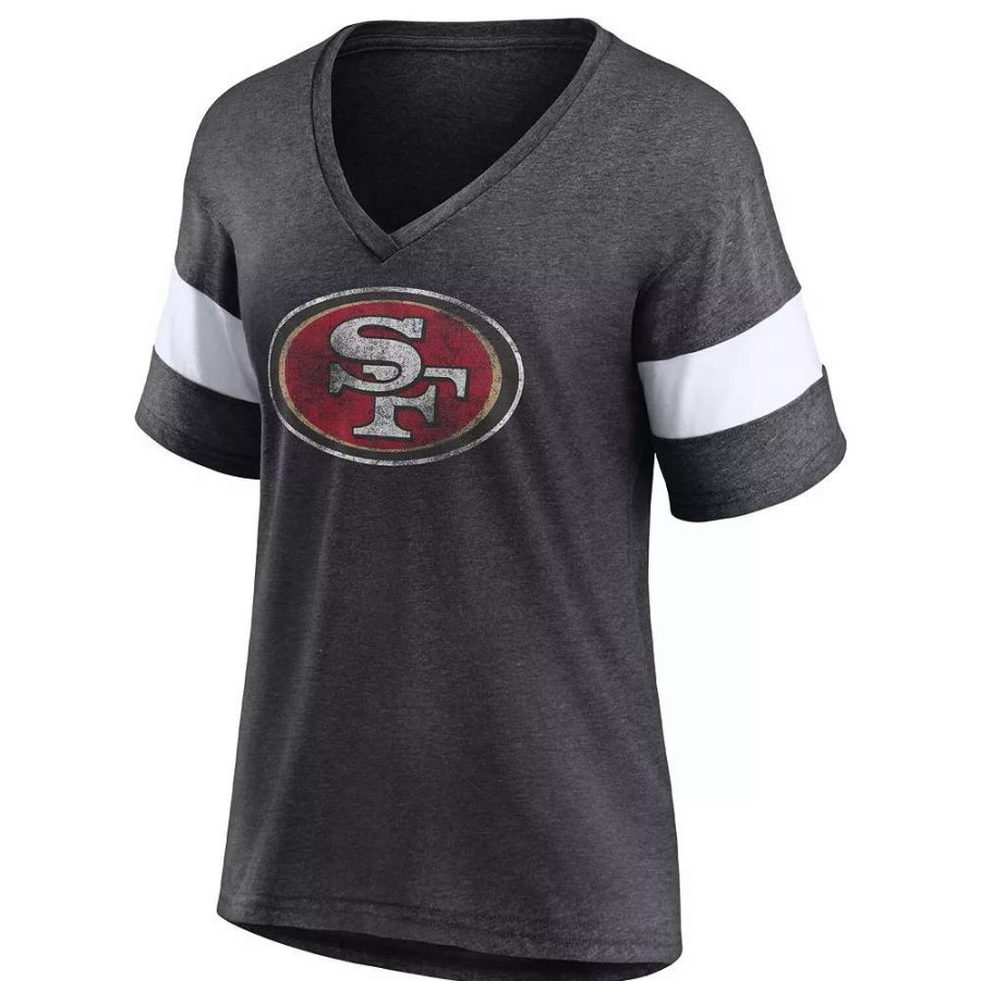 Tops * | Women'S Fanatics Branded Heathered Charcoal San Francisco 49Ers Distressed Team Tri-Blend V-Neck T-Shirt