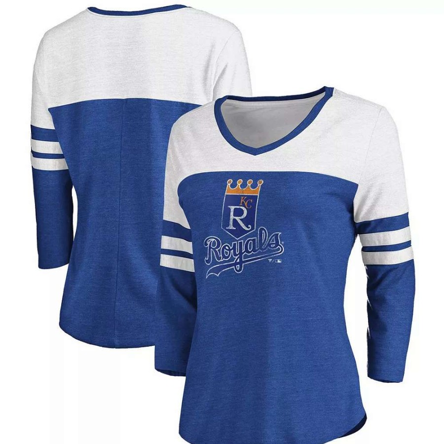 Tops * | Women'S Fanatics Branded Heathered Royal/White Kansas City Royals Two-Toned Distressed Cooperstown Collection Tri-Blend 3/4-Sleeve V-Neck T-Shirt