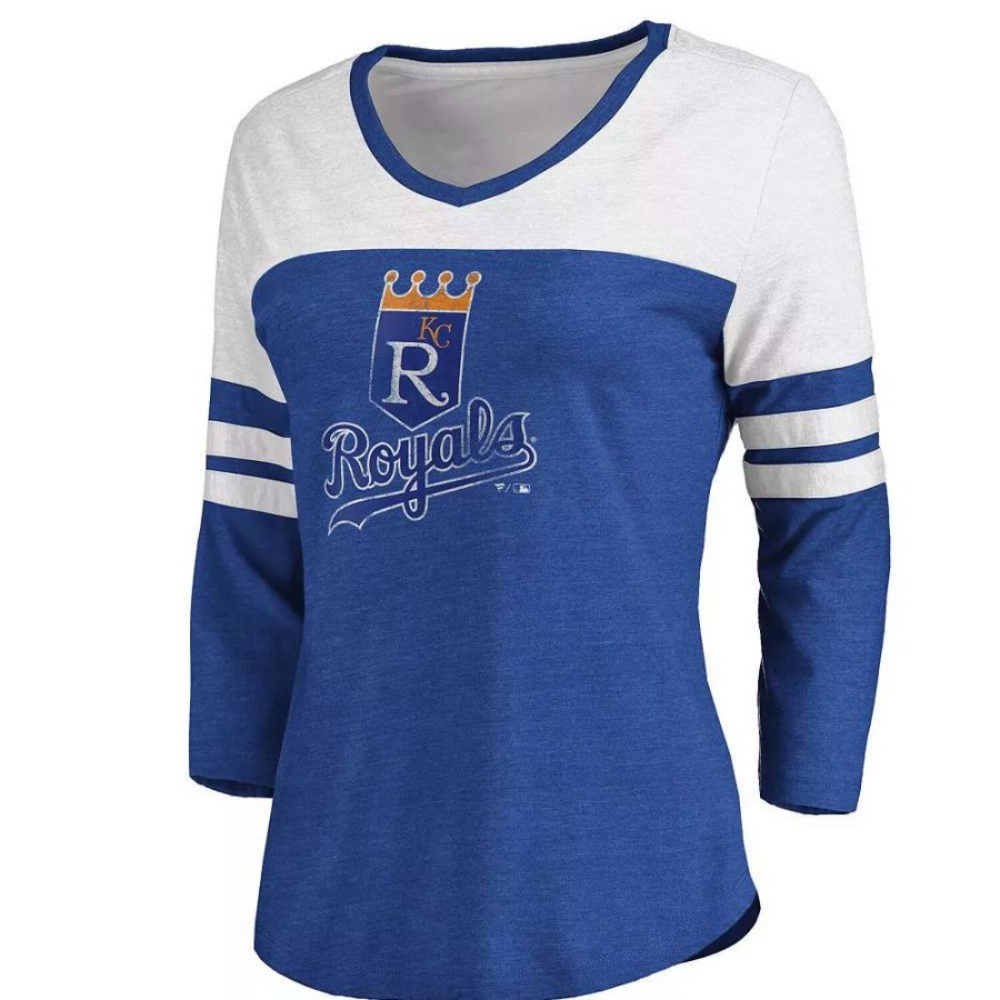 Tops * | Women'S Fanatics Branded Heathered Royal/White Kansas City Royals Two-Toned Distressed Cooperstown Collection Tri-Blend 3/4-Sleeve V-Neck T-Shirt