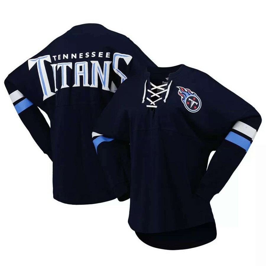 Tops * | Women'S Fanatics Branded Navy Tennessee Titans Spirit Jersey Lace-Up V-Neck Long Sleeve T-Shirt