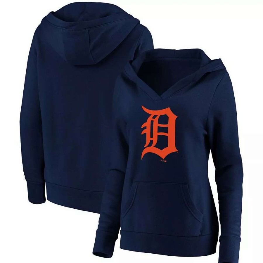 Tops * | Women'S Fanatics Branded Navy Detroit Tigers Official Logo Crossover V-Neck Pullover Hoodie