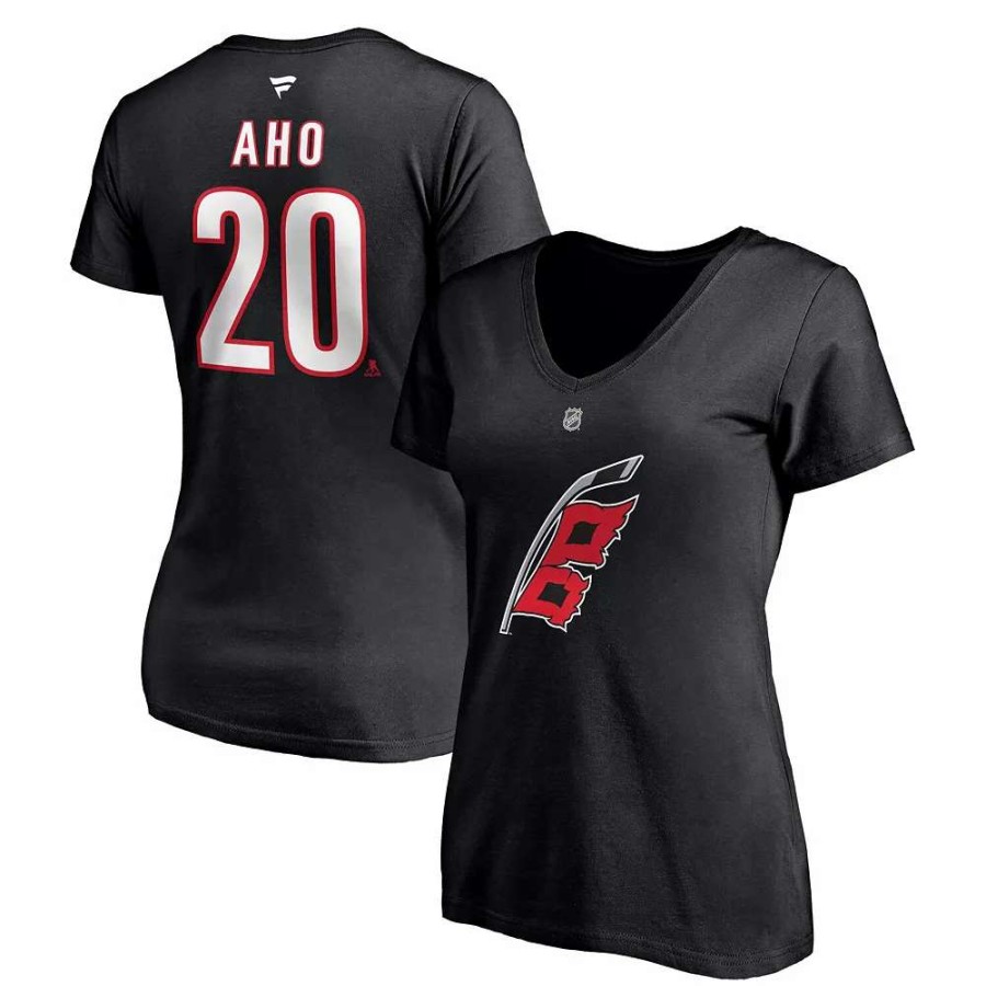 Tops * | Women'S Fanatics Branded Sebastian Aho Black Carolina Hurricanes Alternate Authentic Stack Name & Number V-Neck T-Shirt