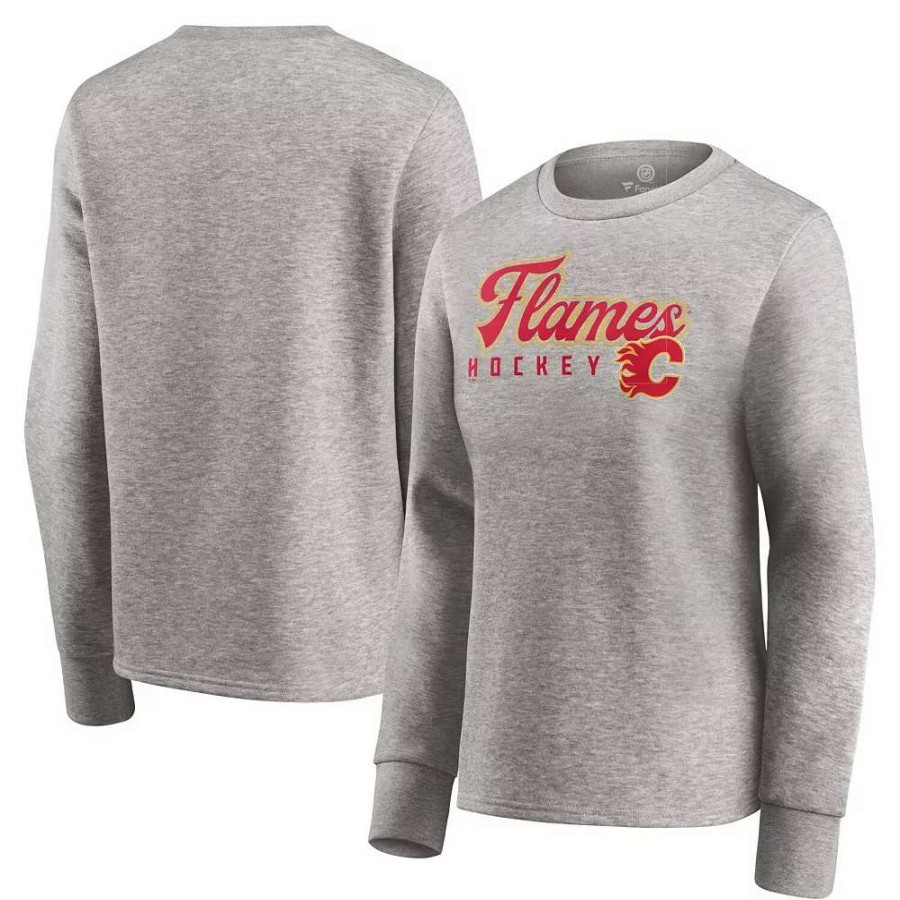 Tops * | Women'S Fanatics Branded Heathered Gray Calgary Flames Fan Favorite Script Pullover Sweatshirt