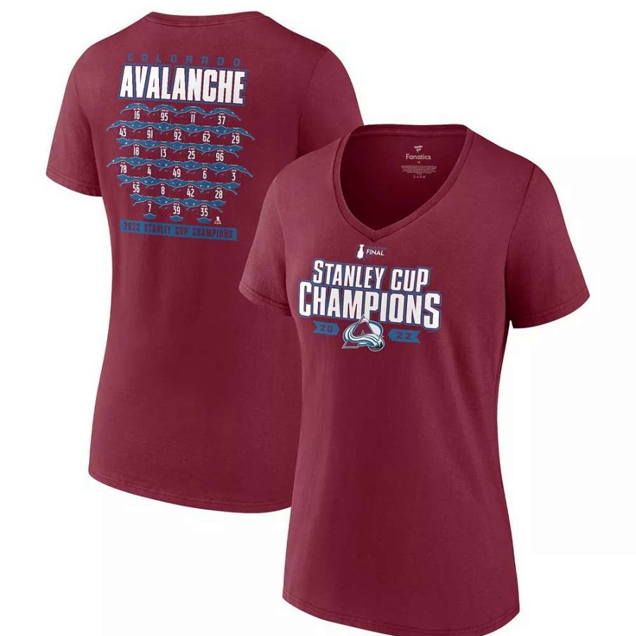 Tops * | Women'S Fanatics Branded Burgundy Colorado Avalanche 2022 Stanley Cup Champions Jersey Roster V-Neck T-Shirt