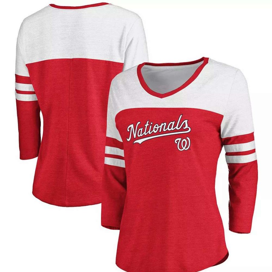 Tops * | Women'S Fanatics Branded Heathered Red/White Washington Nationals Official Wordmark 3/4 Sleeve V-Neck Tri-Blend T-Shirt