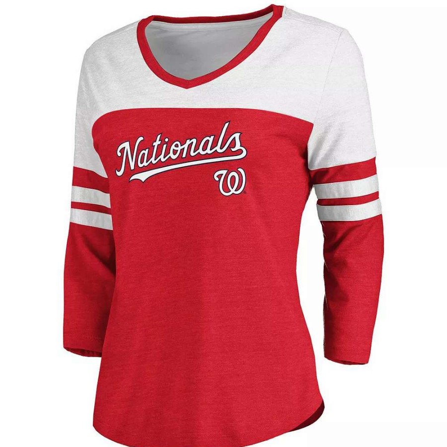 Tops * | Women'S Fanatics Branded Heathered Red/White Washington Nationals Official Wordmark 3/4 Sleeve V-Neck Tri-Blend T-Shirt