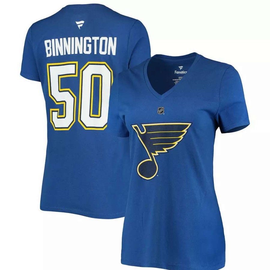 Tops * | Women'S Fanatics Branded Jordan Binnington Blue St. Louis Blues Team Authentic Stack Name & Number V-Neck T-Shirt