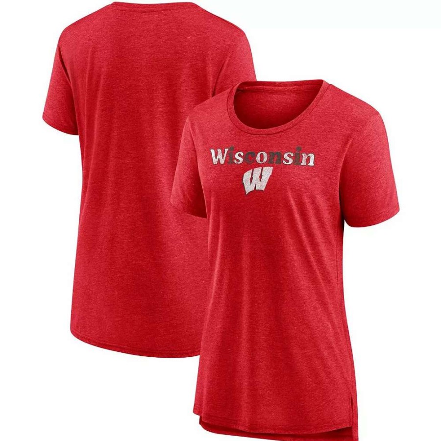 Tops * | Women'S Fanatics Branded Heathered Red Wisconsin Badgers Breakneck Speed Tri-Blend T-Shirt