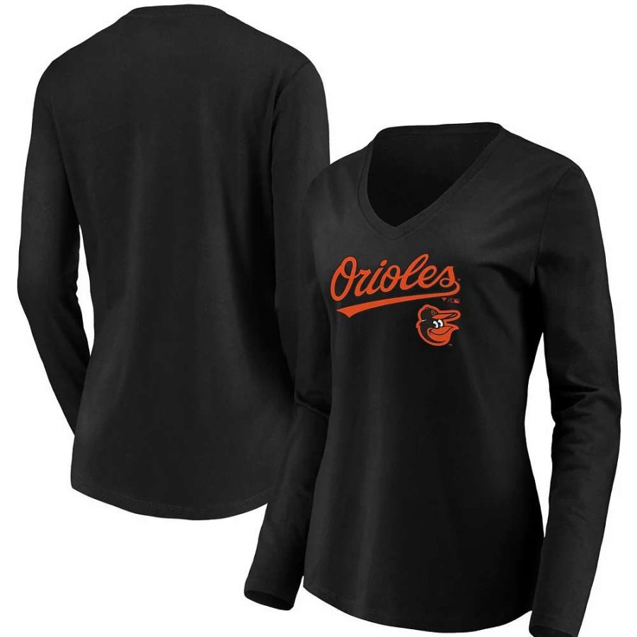 Tops * | Women'S Fanatics Branded Black Baltimore Orioles Core Team Lockup Long Sleeve V-Neck T-Shirt