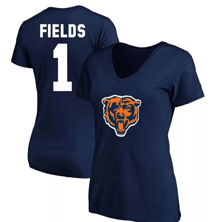 Tops * | Women'S Fanatics Branded Justin Fields Navy Chicago Bears Plus Size Player Name & Number V-Neck T-Shirt