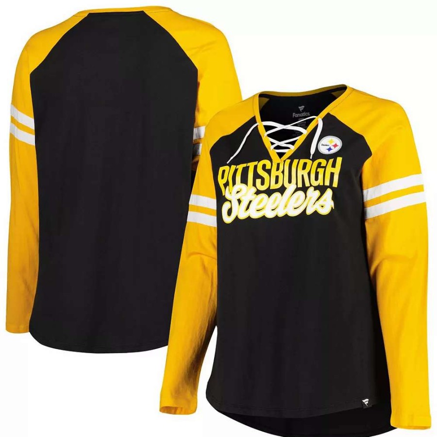 Tops * | Women'S Fanatics Branded Black/Gold Pittsburgh Steelers Plus Size True To Form Lace-Up V-Neck Raglan Long Sleeve T-Shirt