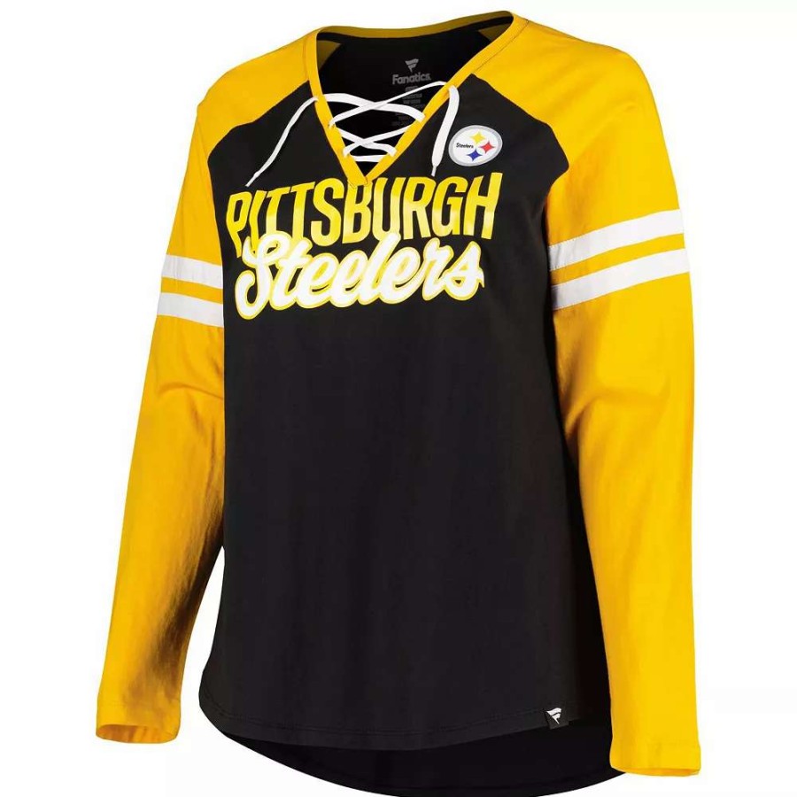 Tops * | Women'S Fanatics Branded Black/Gold Pittsburgh Steelers Plus Size True To Form Lace-Up V-Neck Raglan Long Sleeve T-Shirt