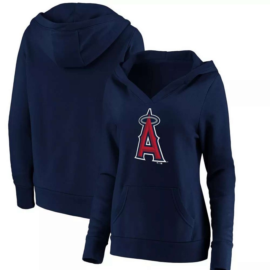 Tops * | Women'S Fanatics Branded Navy Los Angeles Angels Official Logo Crossover V-Neck Pullover Hoodie