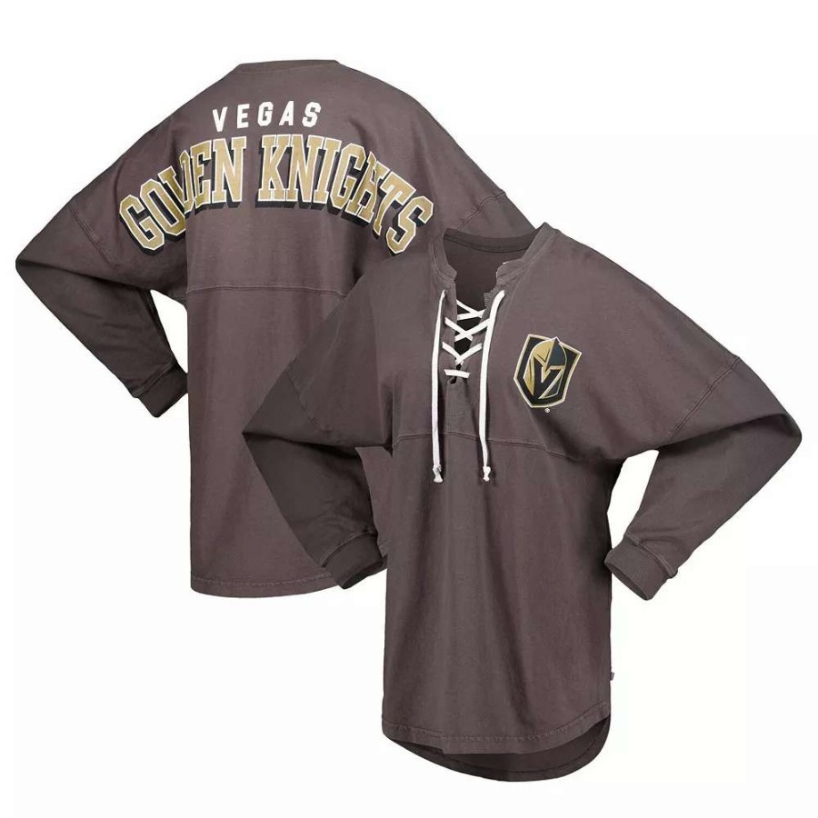 Tops * | Women'S Fanatics Branded Charcoal Vegas Golden Knights Spirit Lace-Up V-Neck Long Sleeve Jersey T-Shirt