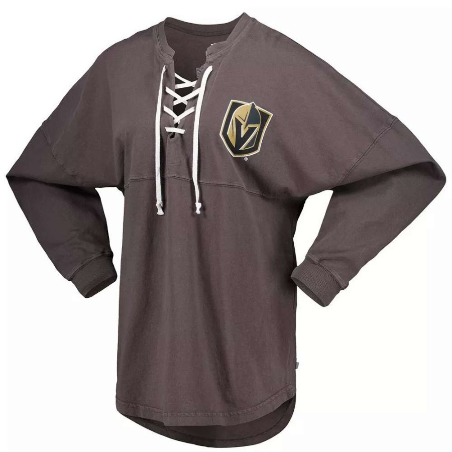 Tops * | Women'S Fanatics Branded Charcoal Vegas Golden Knights Spirit Lace-Up V-Neck Long Sleeve Jersey T-Shirt