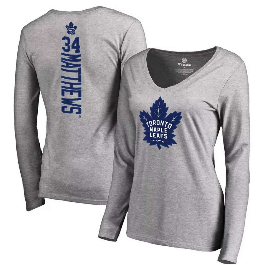 Tops * | Women'S Fanatics Branded Auston Matthews Gray Toronto Maple Leafs Backer Name & Number V-Neck Long Sleeve T-Shirt