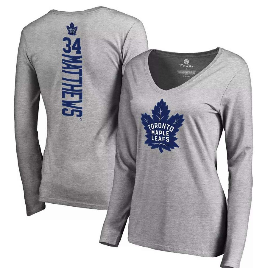 Tops * | Women'S Fanatics Branded Auston Matthews Gray Toronto Maple Leafs Backer Name & Number V-Neck Long Sleeve T-Shirt