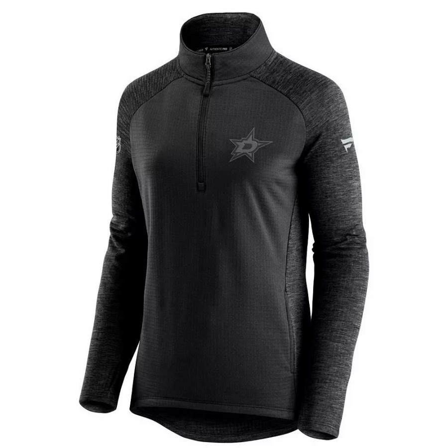 Outerwear * | Women'S Fanatics Branded Black/Heathered Charcoal Dallas Stars Authentic Pro Travel & Training Raglan Quarter-Zip Jacket