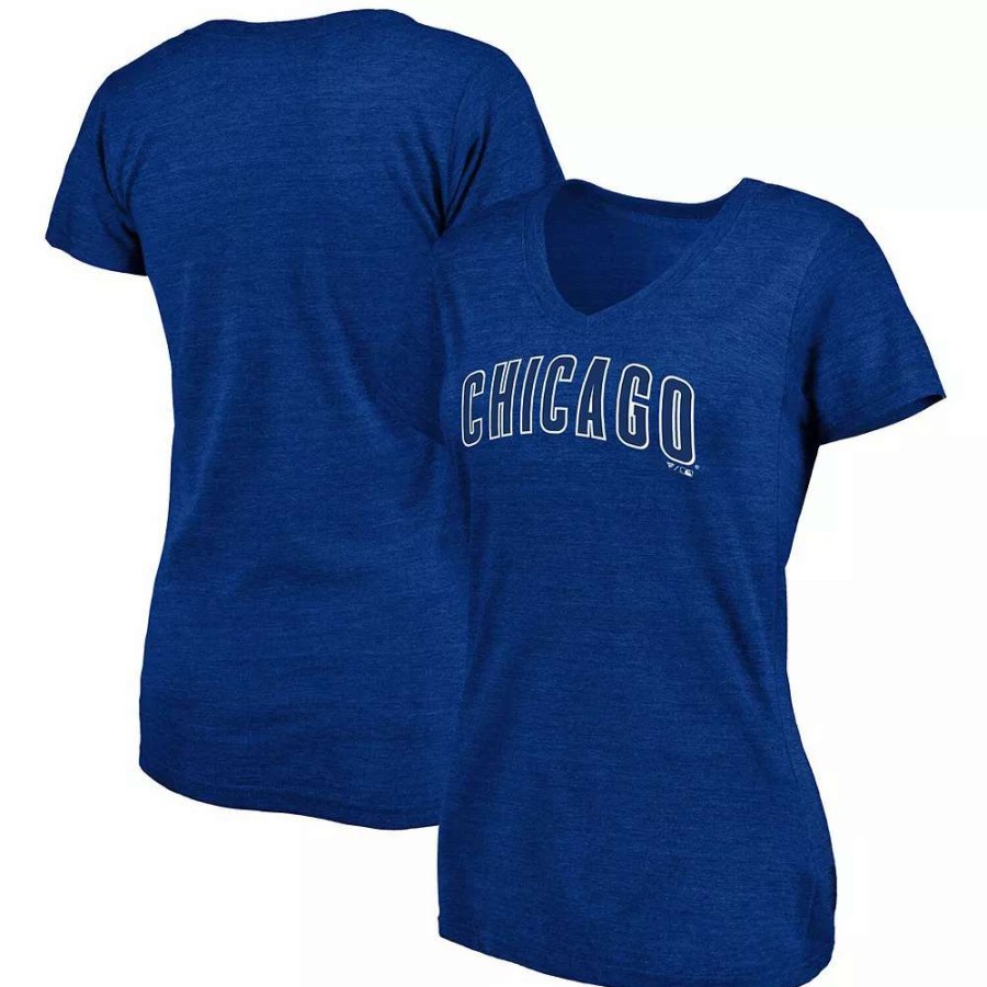 Tops * | Women'S Fanatics Branded Heathered Royal Chicago Cubs Wordmark Tri-Blend V-Neck T-Shirt