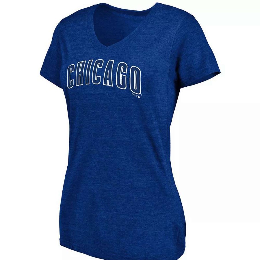 Tops * | Women'S Fanatics Branded Heathered Royal Chicago Cubs Wordmark Tri-Blend V-Neck T-Shirt