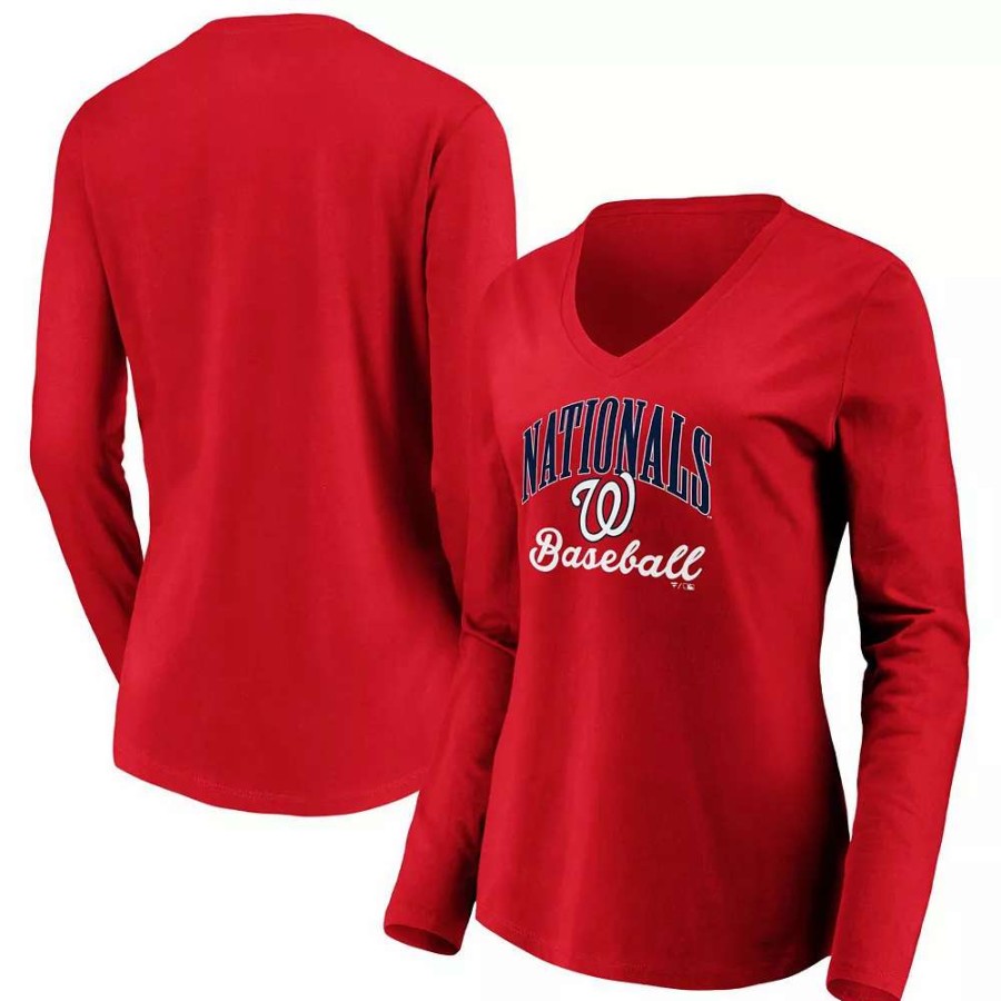 Tops * | Women'S Fanatics Branded Red Washington Nationals Victory Script V-Neck Long Sleeve T-Shirt