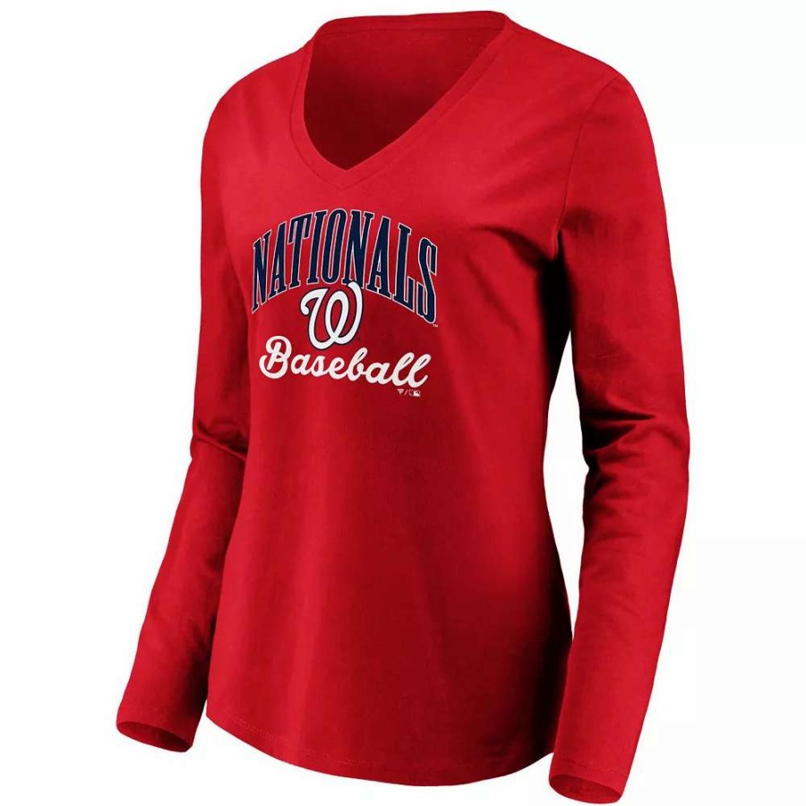 Tops * | Women'S Fanatics Branded Red Washington Nationals Victory Script V-Neck Long Sleeve T-Shirt