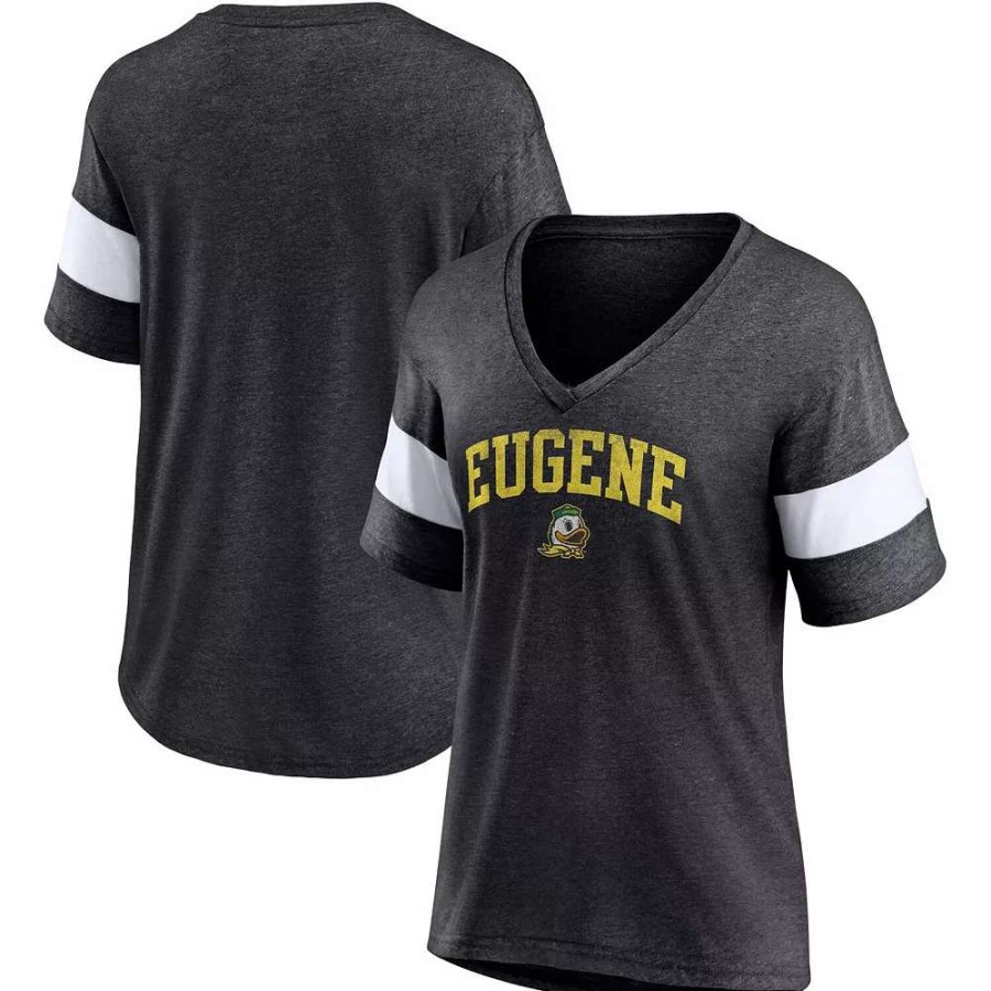 Tops * | Women'S Fanatics Branded Heathered Charcoal Oregon Ducks Arched City Sleeve-Striped Tri-Blend V-Neck T-Shirt