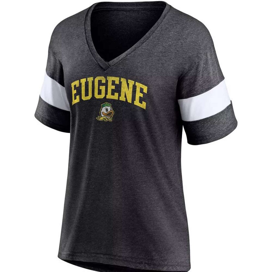 Tops * | Women'S Fanatics Branded Heathered Charcoal Oregon Ducks Arched City Sleeve-Striped Tri-Blend V-Neck T-Shirt