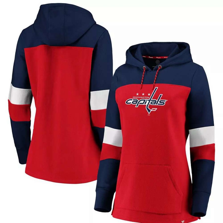 Tops * | Women'S Fanatics Branded Red/Navy Washington Capitals Iconic Colorblocked Fleece Pullover Hoodie