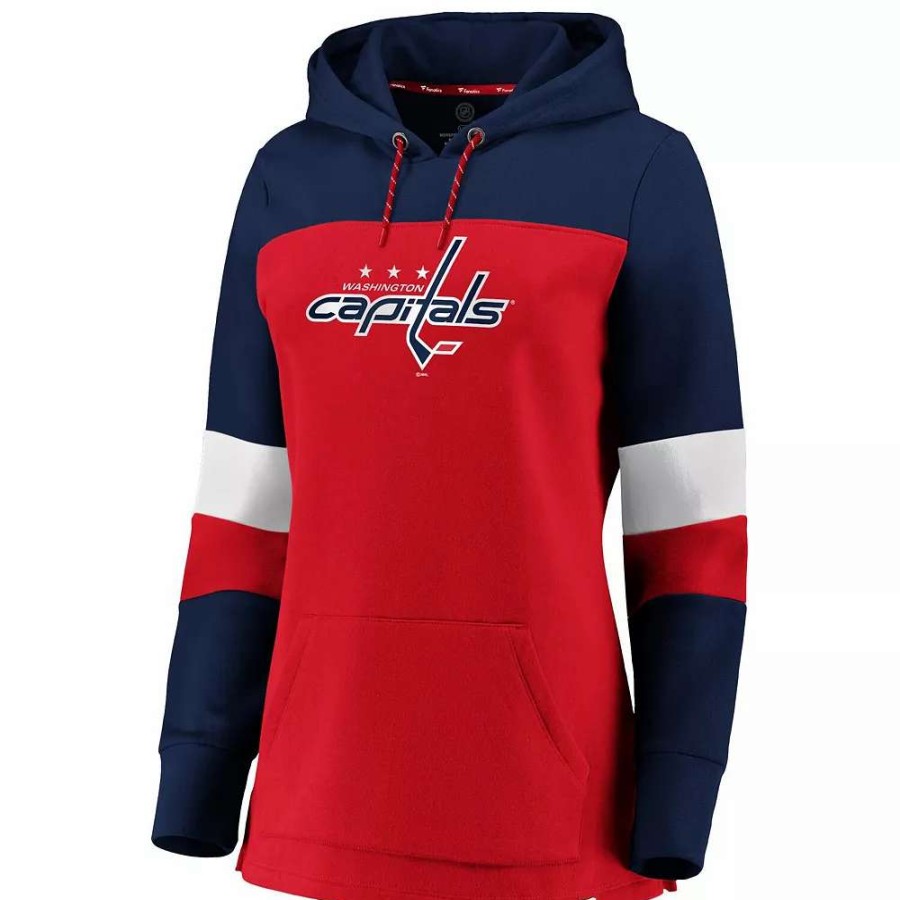 Tops * | Women'S Fanatics Branded Red/Navy Washington Capitals Iconic Colorblocked Fleece Pullover Hoodie