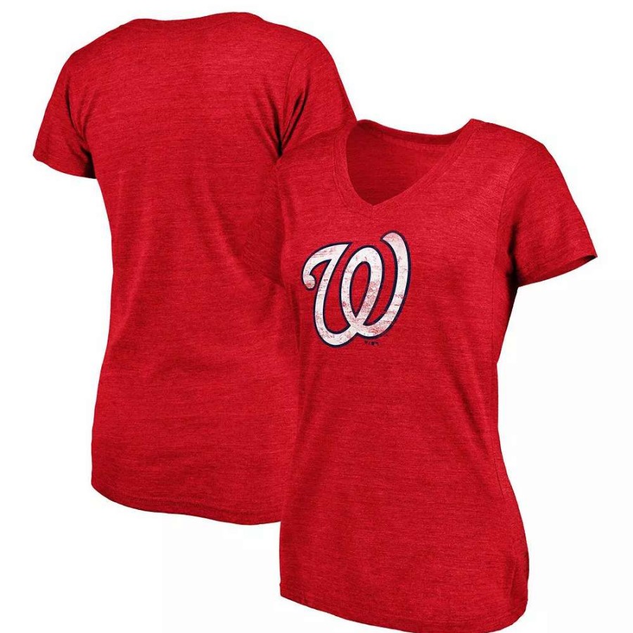 Tops * | Women'S Fanatics Branded Heathered Red Washington Nationals Core Weathered Tri-Blend V-Neck T-Shirt