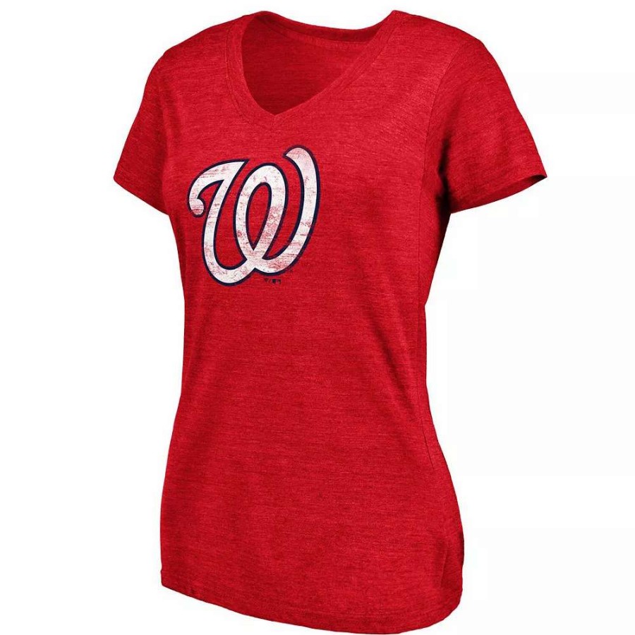 Tops * | Women'S Fanatics Branded Heathered Red Washington Nationals Core Weathered Tri-Blend V-Neck T-Shirt