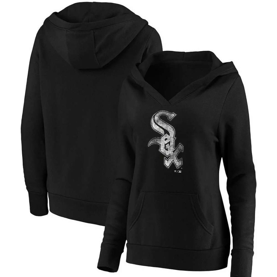 Tops * | Women'S Fanatics Branded Black Chicago White Sox Core Team Crossover V-Neck Pullover Hoodie