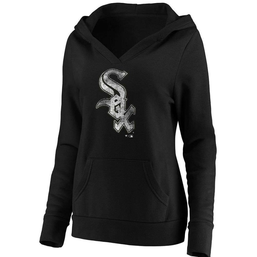 Tops * | Women'S Fanatics Branded Black Chicago White Sox Core Team Crossover V-Neck Pullover Hoodie