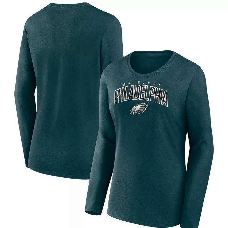 Tops * | Women'S Fanatics Branded Midnight Green Philadelphia Eagles Plus Size Measure Distance Scoop Neck Long Sleeve T-Shirt