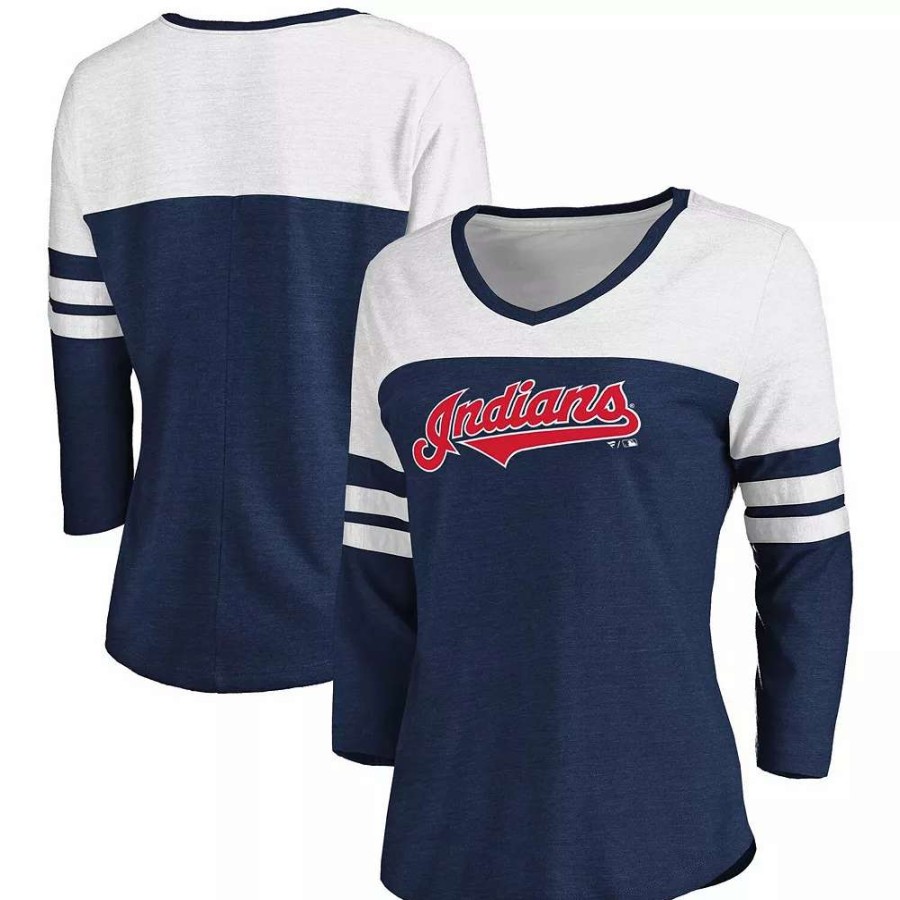 Tops * | Women'S Fanatics Branded Heathered Navy/White Cleveland Indians Official Wordmark 3/4 Sleeve V-Neck Tri-Blend T-Shirt