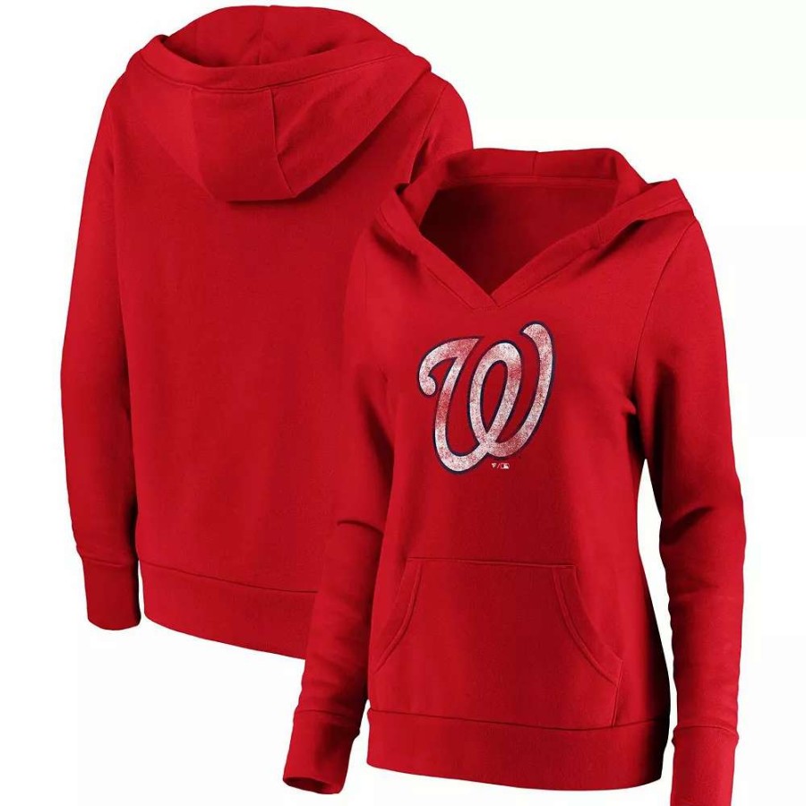 Tops * | Women'S Fanatics Branded Red Washington Nationals Core Team Crossover V-Neck Pullover Hoodie