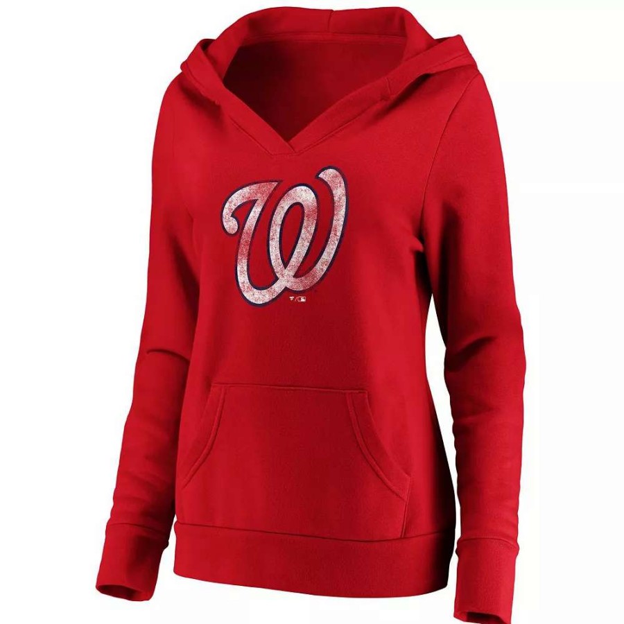 Tops * | Women'S Fanatics Branded Red Washington Nationals Core Team Crossover V-Neck Pullover Hoodie