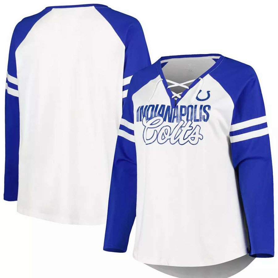 Tops * | Women'S Fanatics Branded Royal/White Indianapolis Colts Plus Size True To Form Lace-Up V-Neck Raglan Long Sleeve T-Shirt