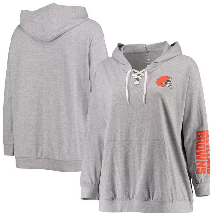 Tops * | Women'S Fanatics Branded Heathered Gray Cleveland Browns Plus Size Lace-Up Pullover Hoodie