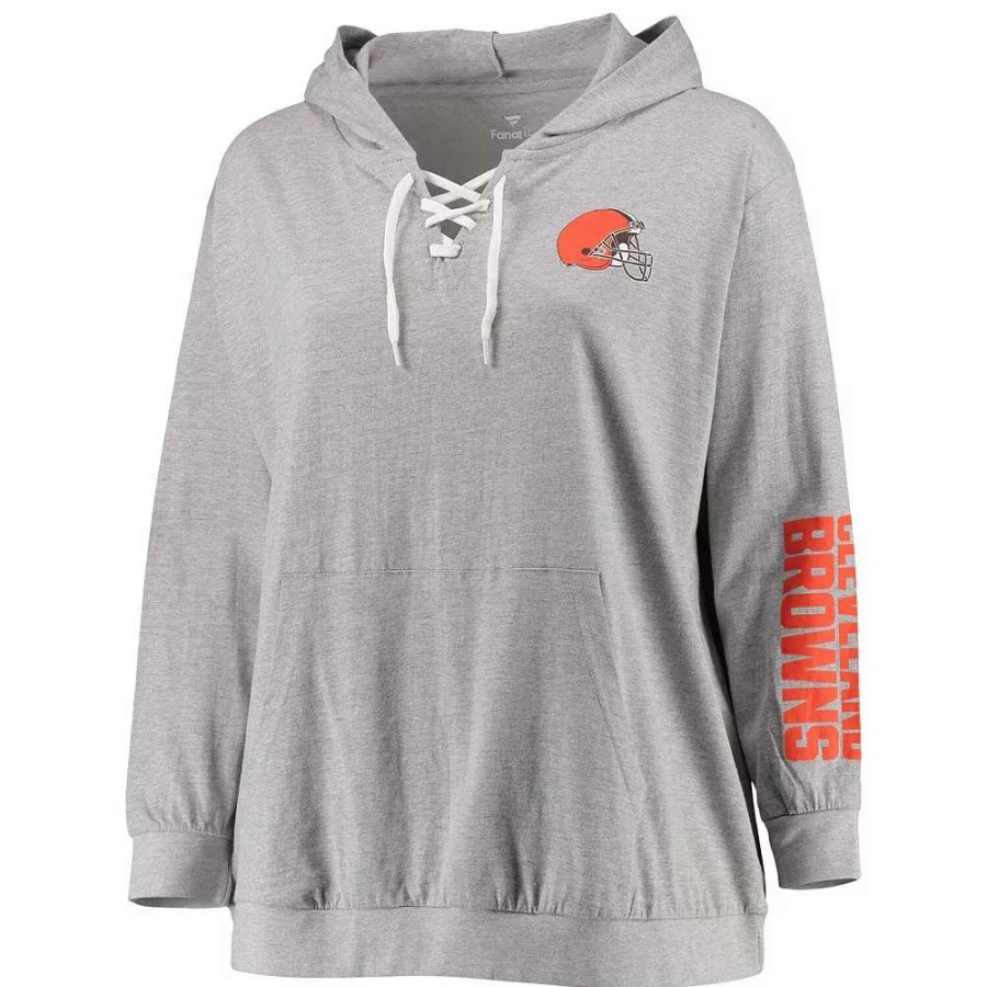 Tops * | Women'S Fanatics Branded Heathered Gray Cleveland Browns Plus Size Lace-Up Pullover Hoodie