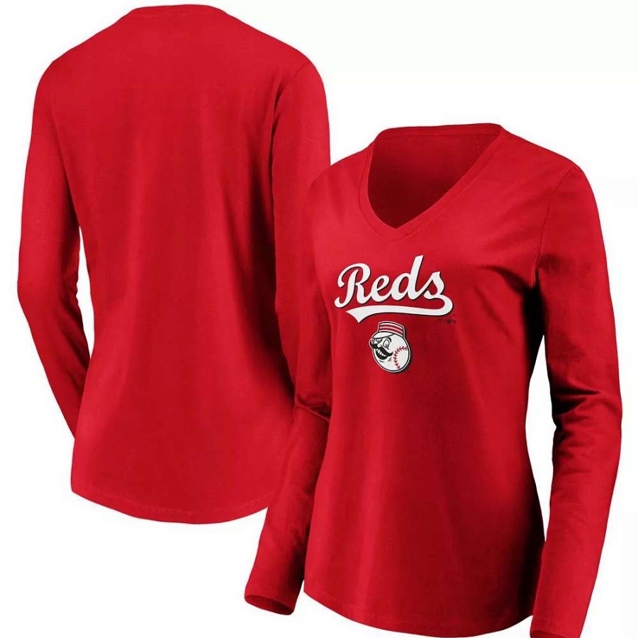 Tops * | Women'S Fanatics Branded Red Cincinnati Reds Core Team Lockup Long Sleeve V-Neck T-Shirt