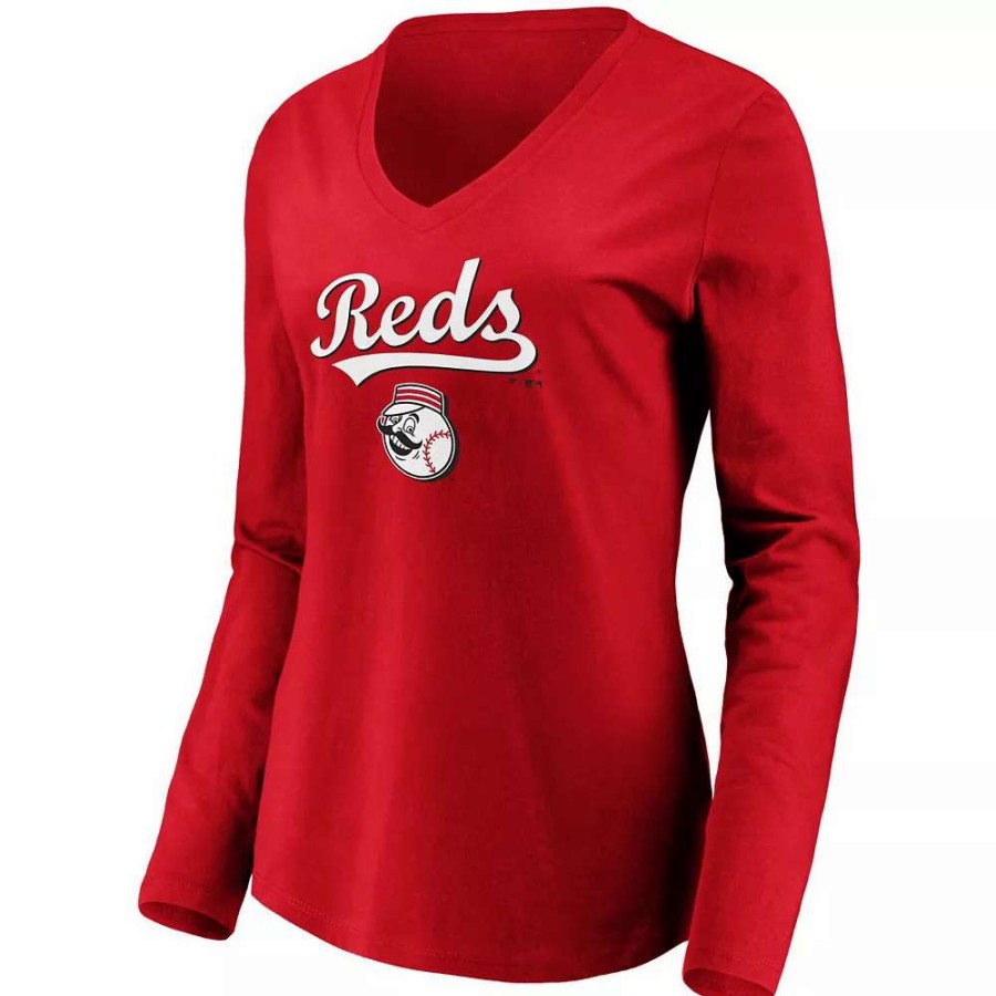 Tops * | Women'S Fanatics Branded Red Cincinnati Reds Core Team Lockup Long Sleeve V-Neck T-Shirt